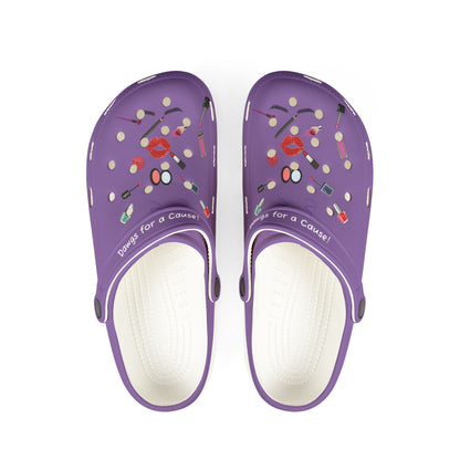 Purple cute rubber clogs for women with makeup print and cushioned soles by Printify