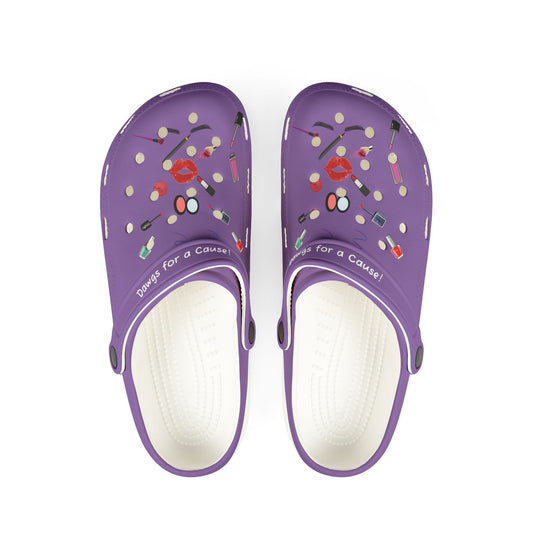 Purple cute rubber clogs for women with makeup print and cushioned soles by Printify