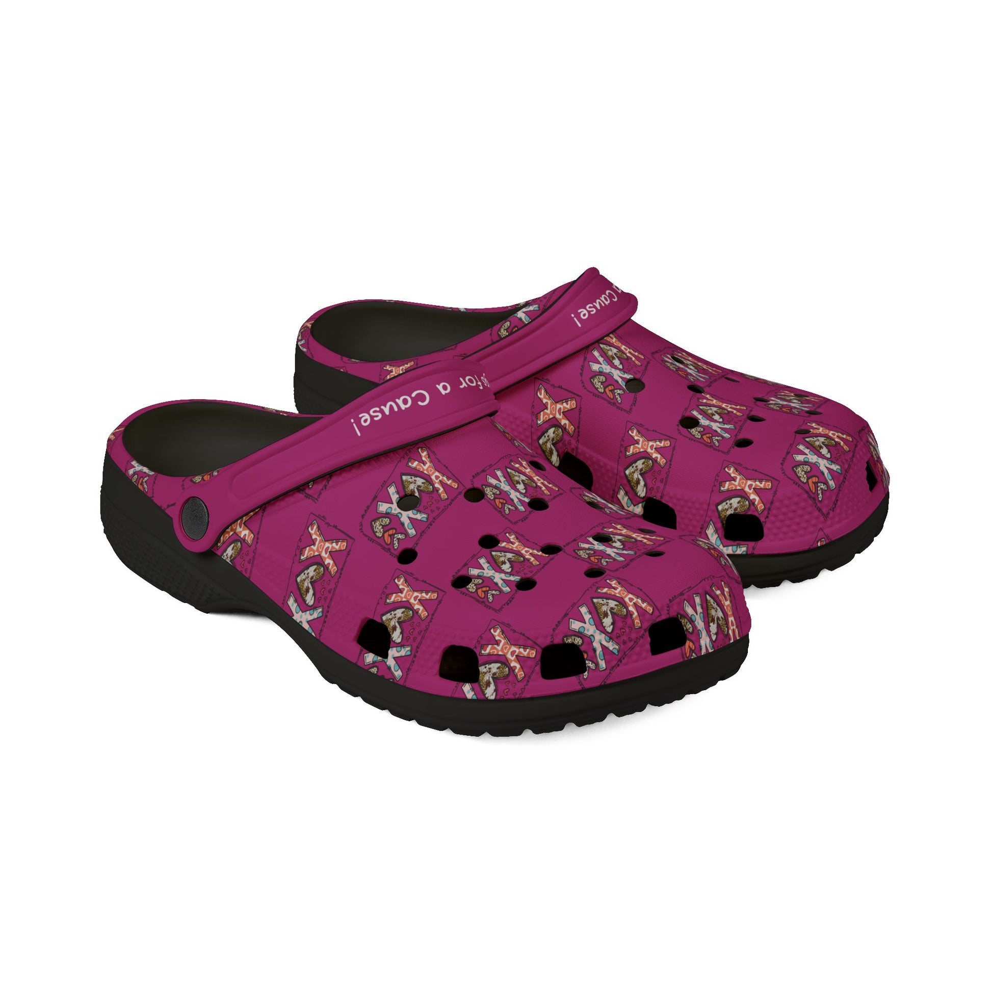 Printify cute rubber clogs for women in pink with colorful playful pattern and black soles