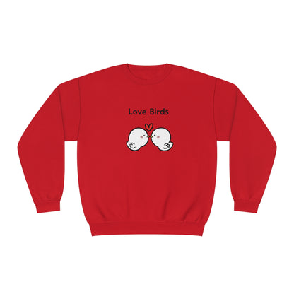 Red Printify sweatshirt with cute birds and love birds text cute sweatshirts with sayings