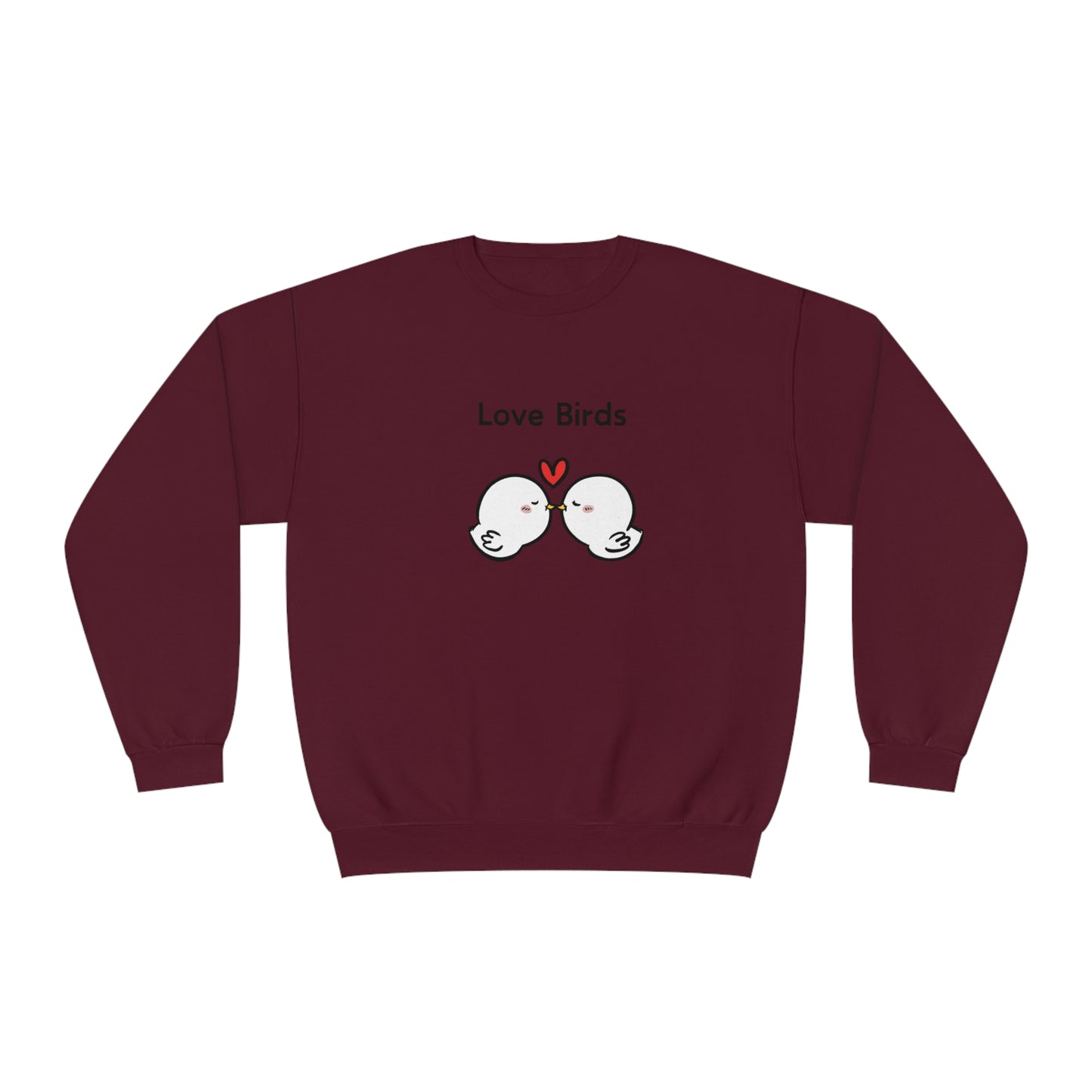 Maroon Printify sweatshirt featuring cute sweatshirts with sayings love birds design and heart graphic
