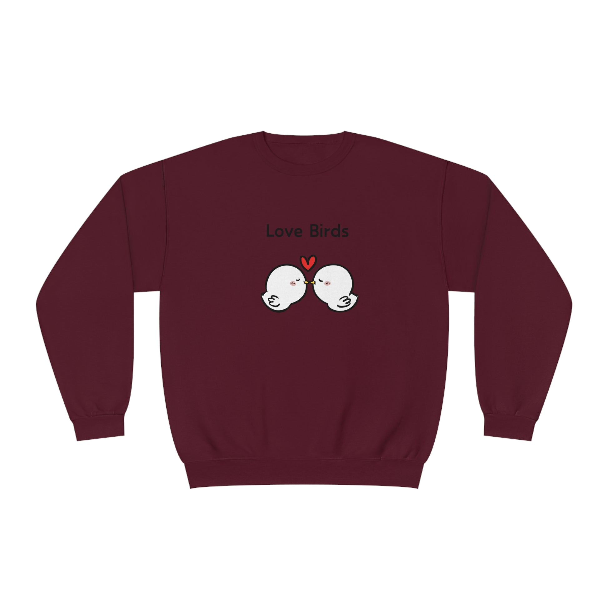 Maroon Printify sweatshirt featuring cute sweatshirts with sayings love birds design and heart graphic