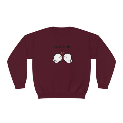 Maroon Printify sweatshirt featuring cute sweatshirts with sayings love birds design and heart graphic
