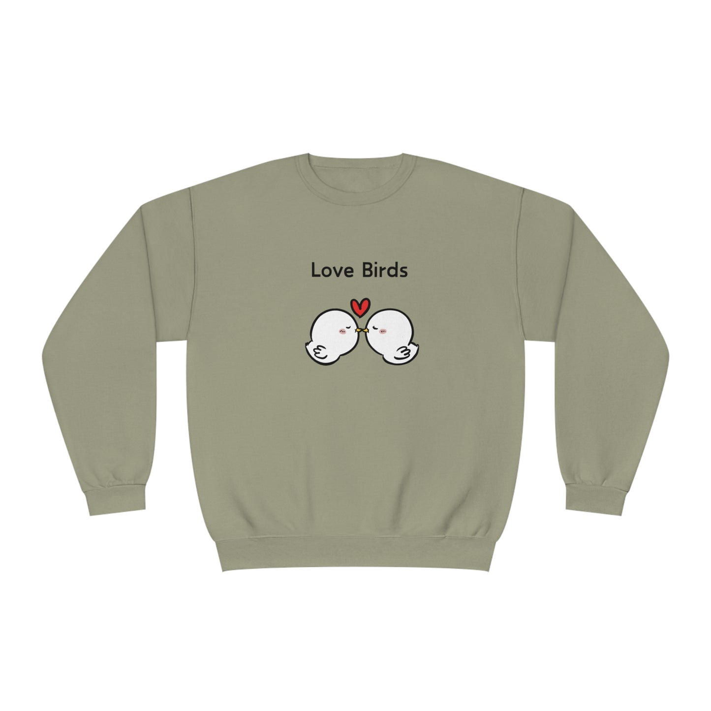 Printify cute sweatshirts with sayings featuring two love birds and a heart on a light olive sweatshirt