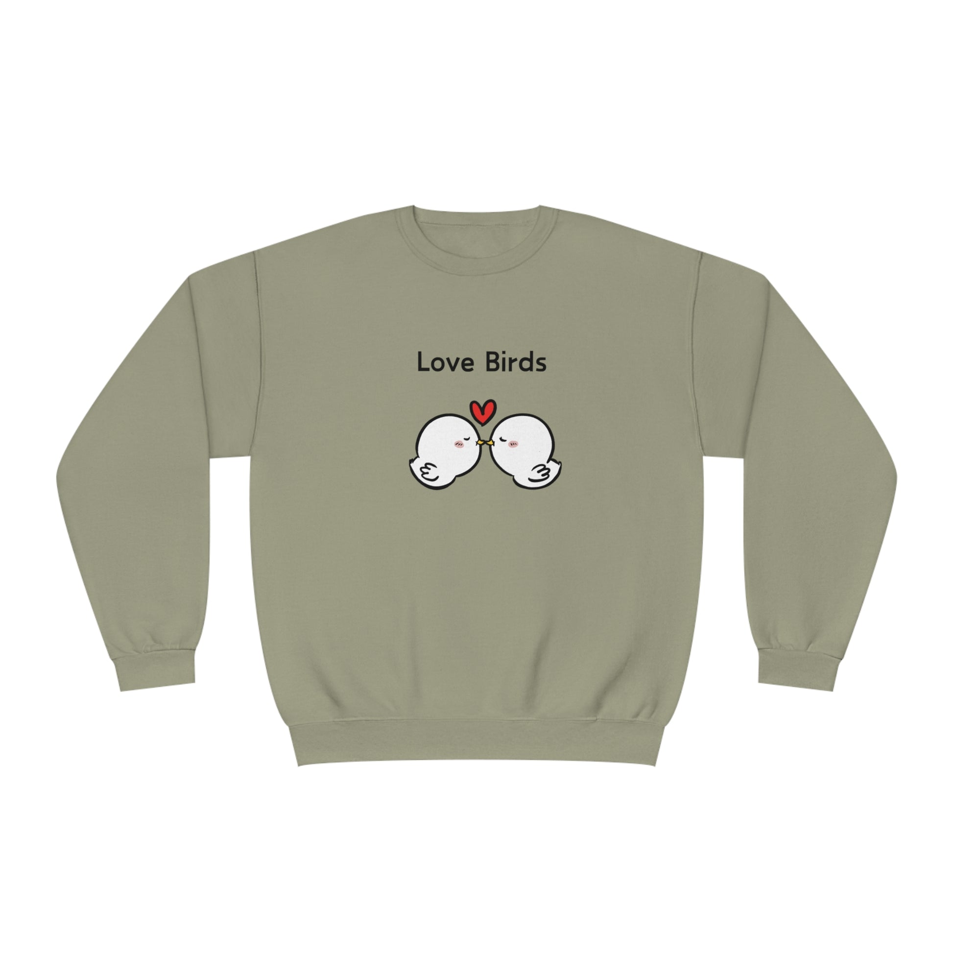 Printify cute sweatshirts with sayings featuring two love birds and a heart on a light olive sweatshirt
