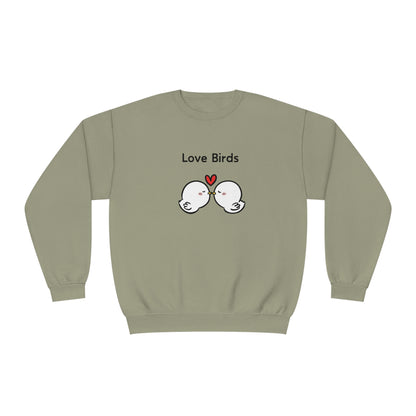 Printify cute sweatshirts with sayings featuring two love birds and a heart on a light olive sweatshirt