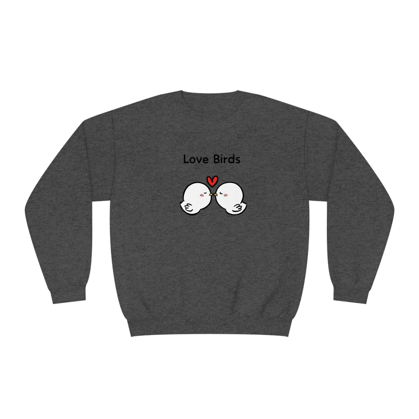 Charcoal sweatshirt by Printify featuring cute sweatshirts with sayings love birds graphic and heart design