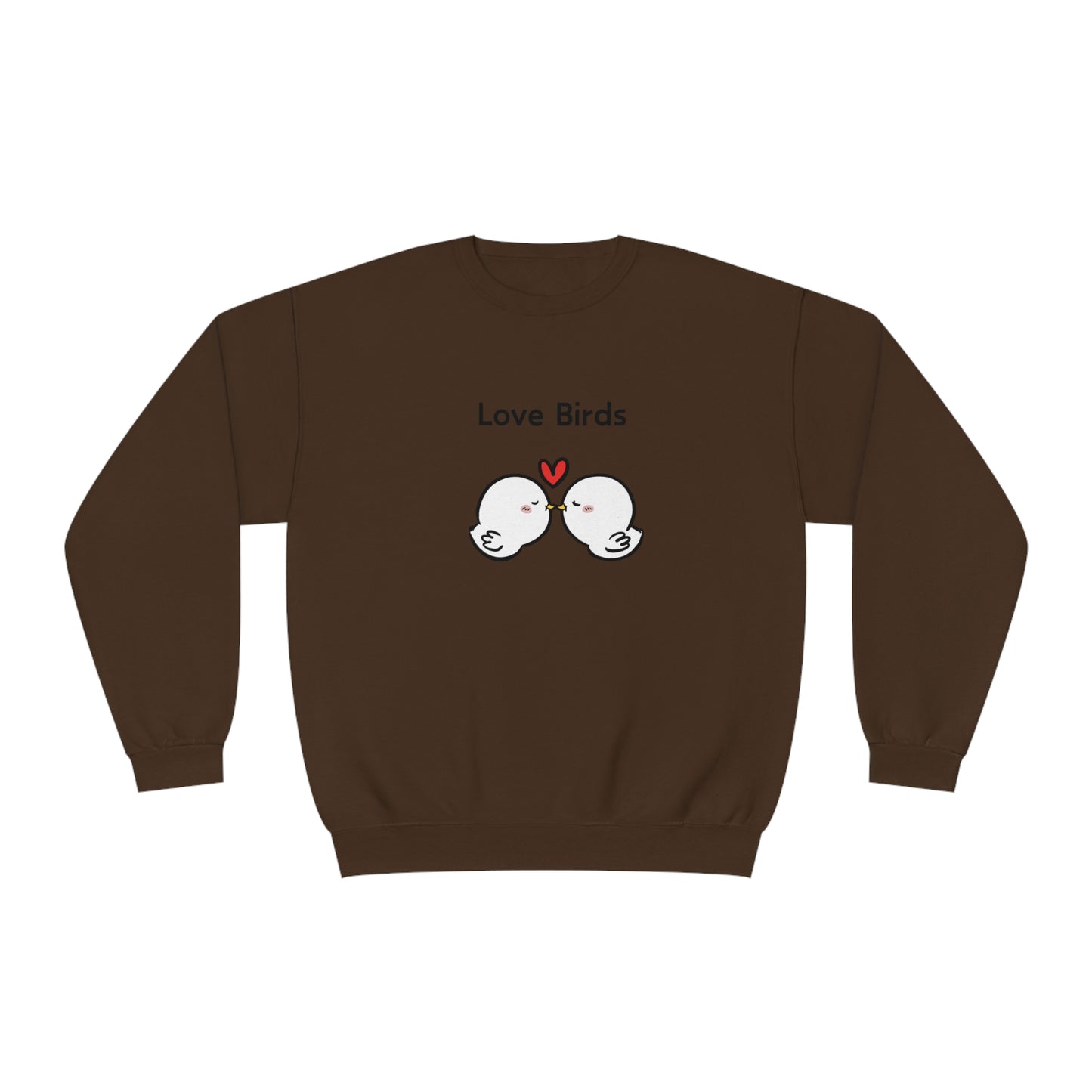 Brown Printify sweatshirt with cute sweatshirts with sayings design featuring two love birds and a red heart