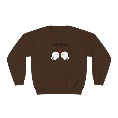 Brown Printify sweatshirt with cute sweatshirts with sayings design featuring two love birds and a red heart