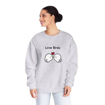 Printify gray sweatshirt with Love Birds graphic and heart design cute sweatshirts with sayings