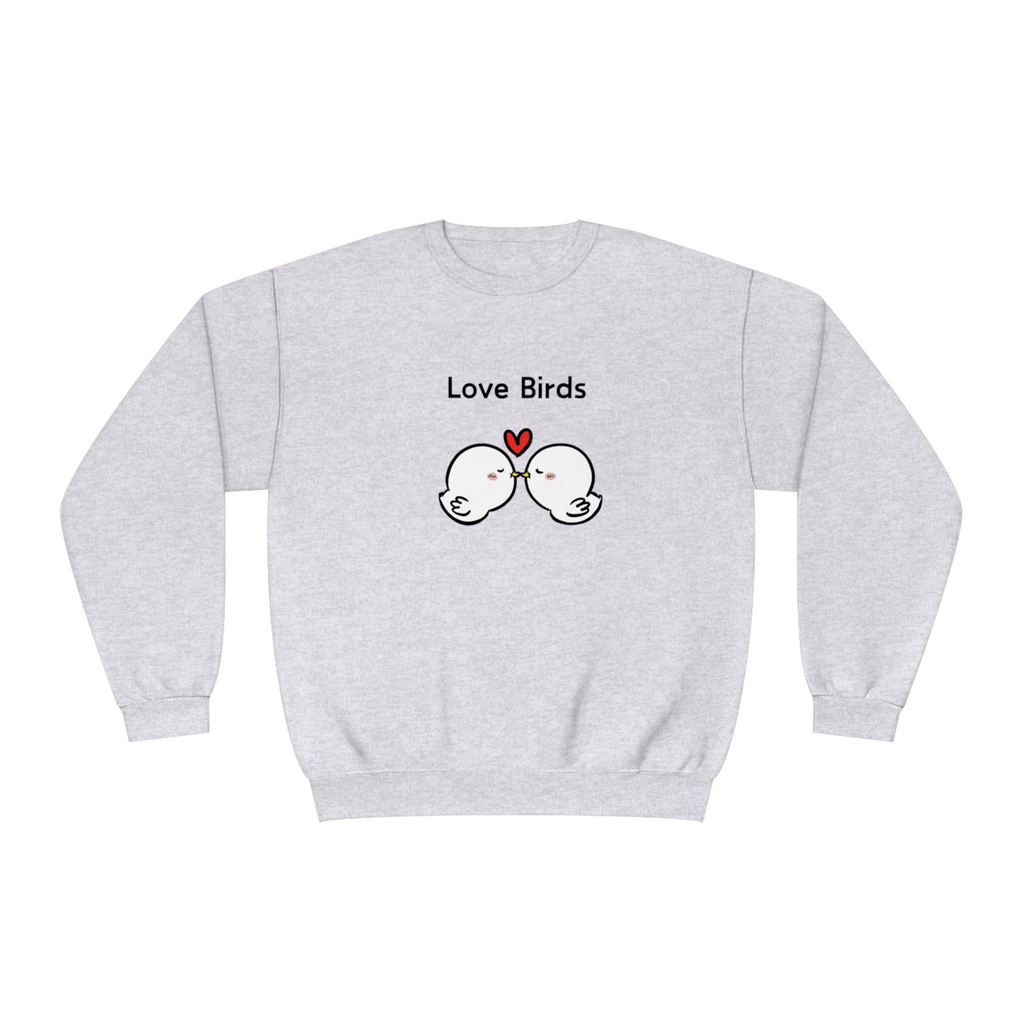 Gray Printify sweatshirt featuring cute sweatshirts with sayings love birds design and red heart