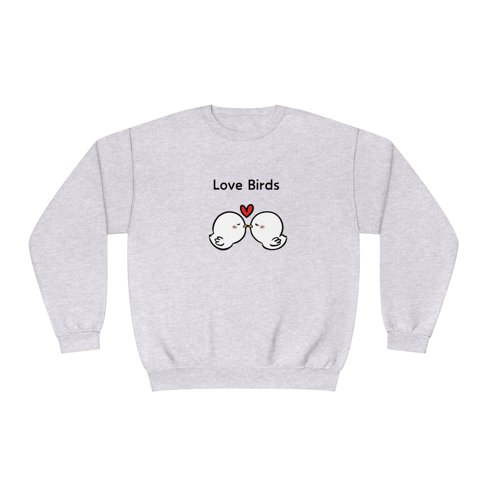 Gray Printify sweatshirt featuring cute sweatshirts with sayings love birds design and red heart