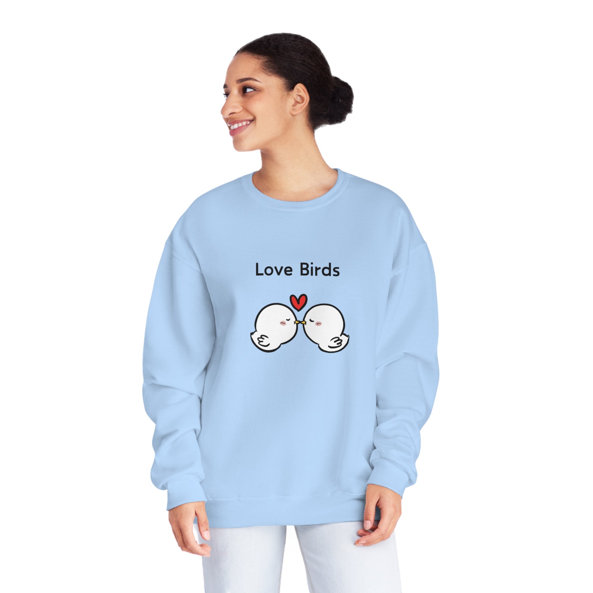 Printify light blue sweatshirt featuring cute sweatshirts with sayings love birds graphic design