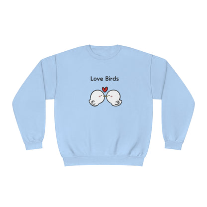 Light blue cute sweatshirts with sayings featuring love birds and a red heart graphic by Printify