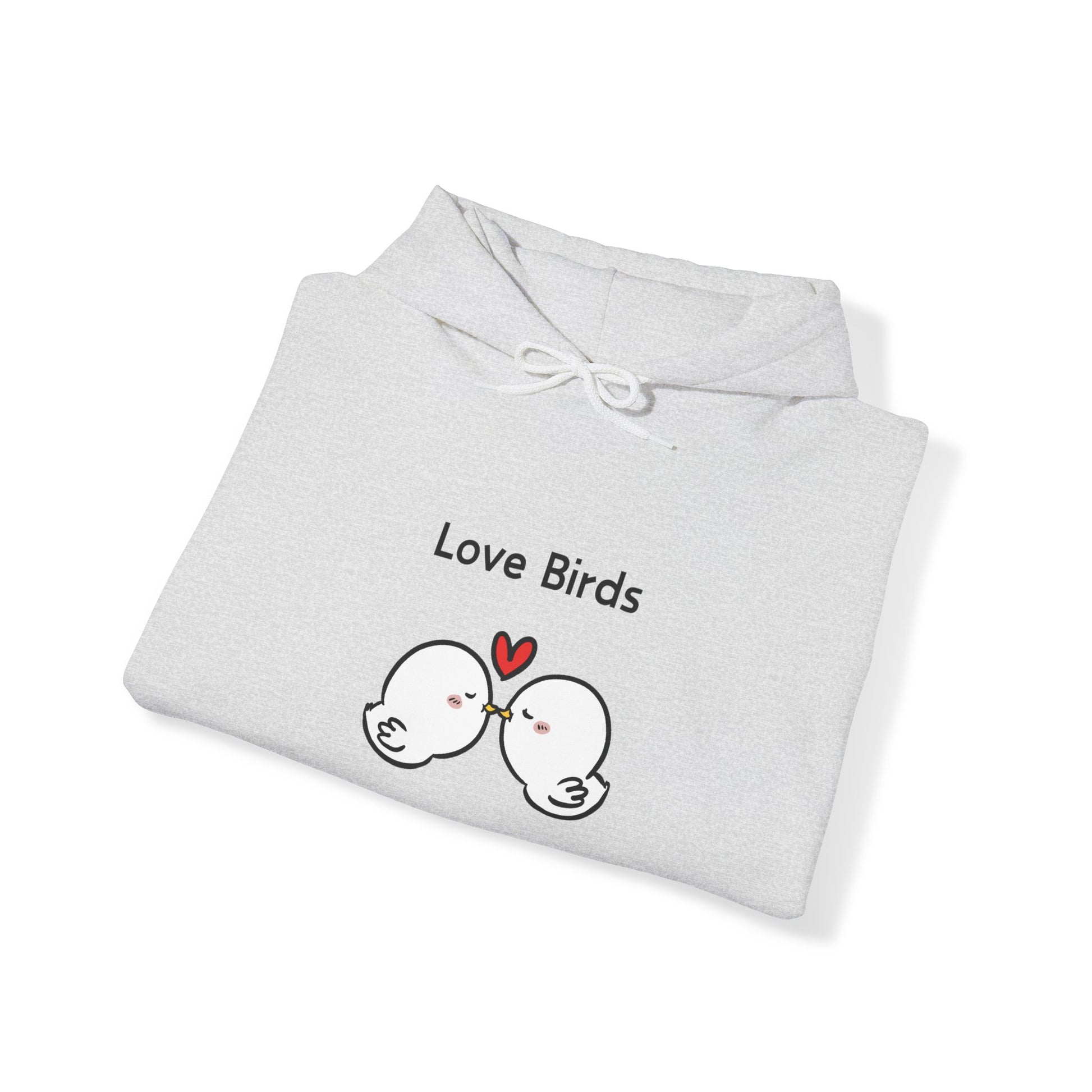 Printify light gray hoodie featuring cute sweatshirts with sayings Love Birds and a kissing bird design
