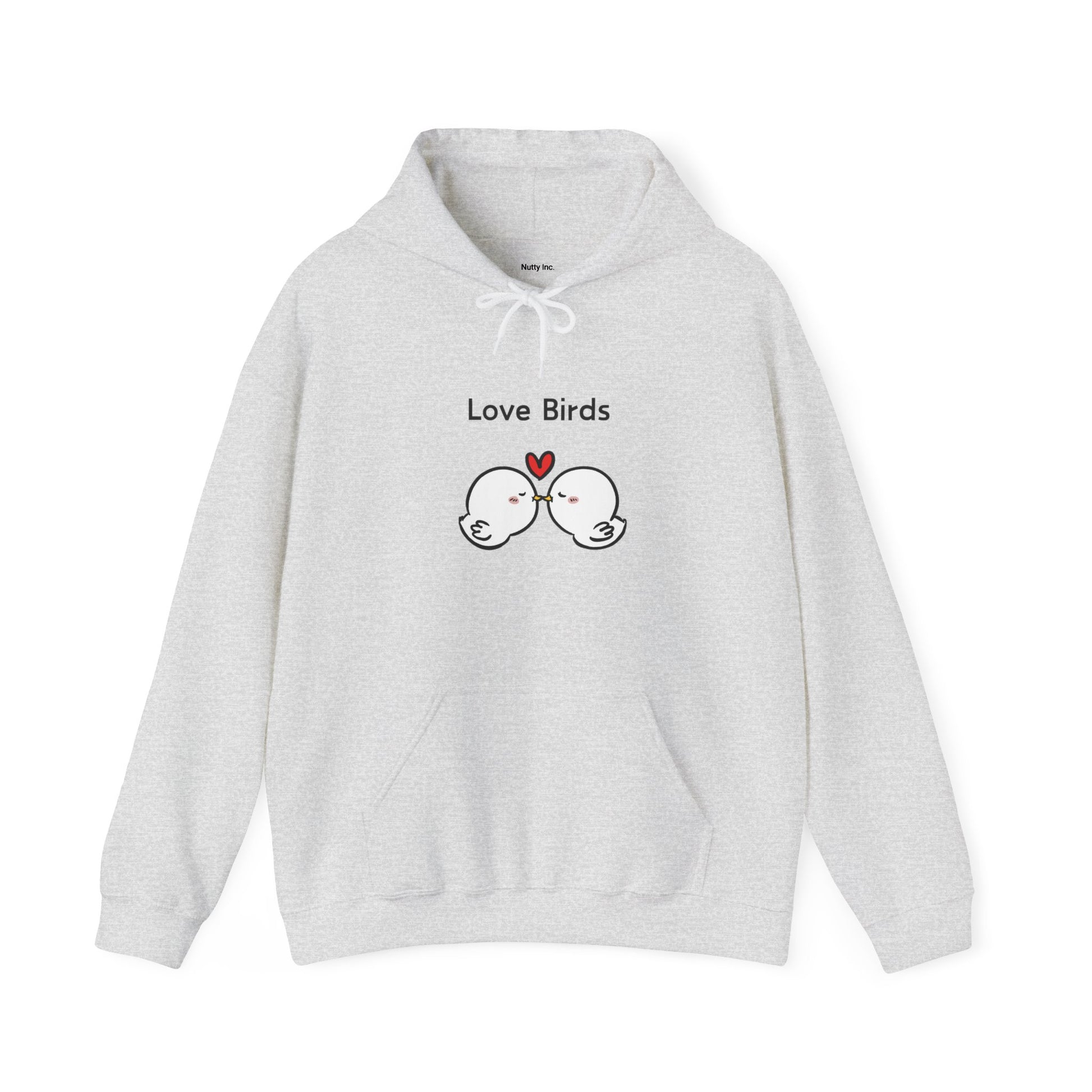 Printify gray hoodie featuring cute sweatshirts with sayings love birds kissing design