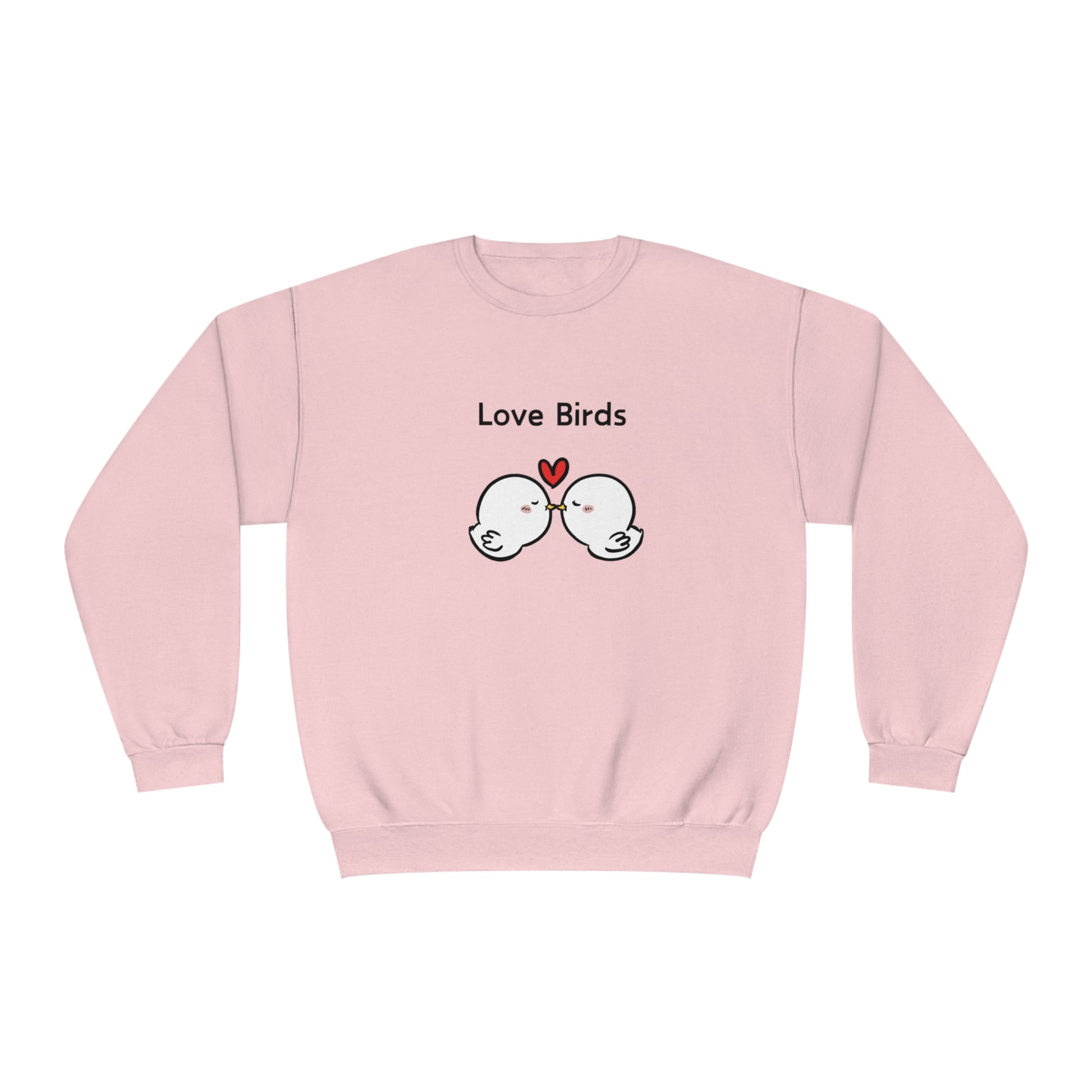 Pink sweatshirt by Printify with cute sweatshirts with sayings featuring two love birds and a heart graphic