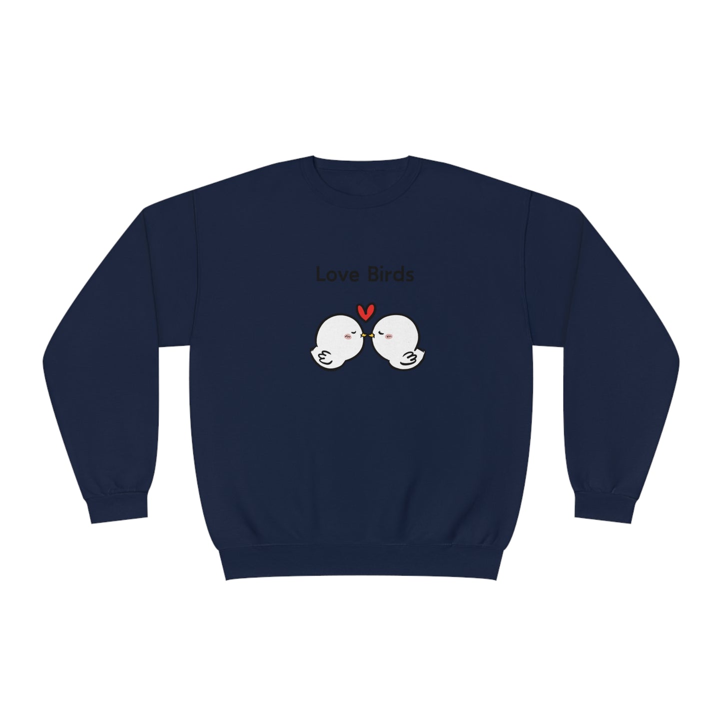Navy sweatshirt from Printify featuring cute sweatshirts with sayings love birds design with two white birds and a red heart