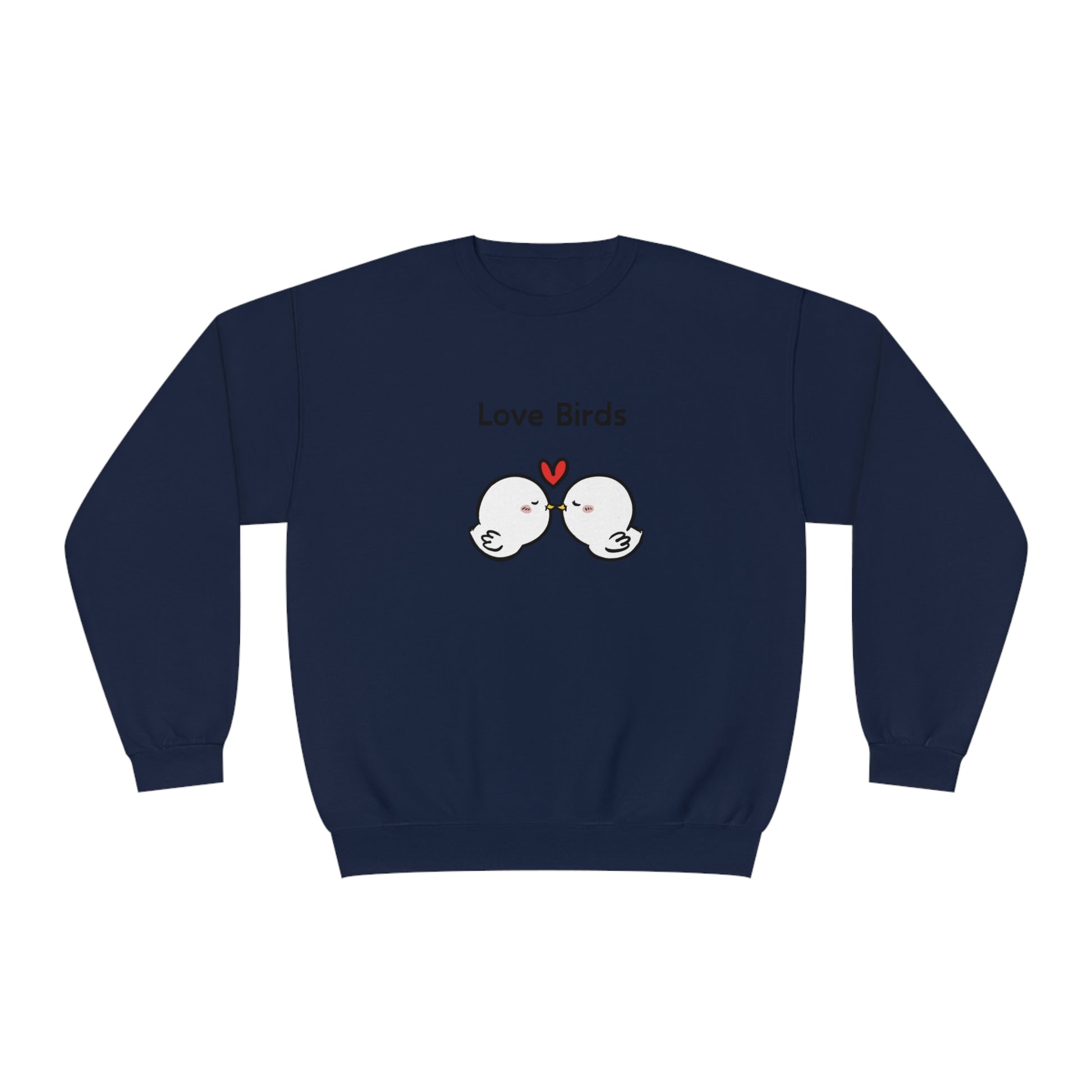 Navy sweatshirt from Printify featuring cute sweatshirts with sayings love birds design with two white birds and a red heart