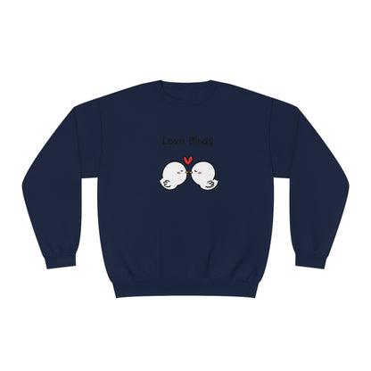 Navy sweatshirt from Printify featuring cute sweatshirts with sayings love birds design with two white birds and a red heart