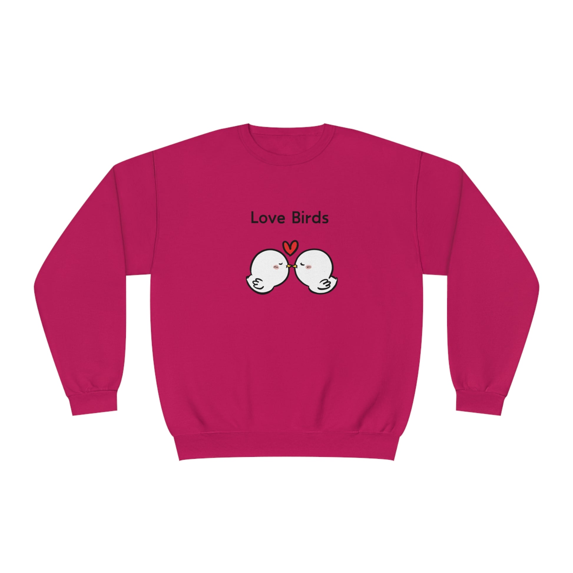 Printify cute sweatshirts with sayings featuring pink sweatshirt with Love Birds cartoon design