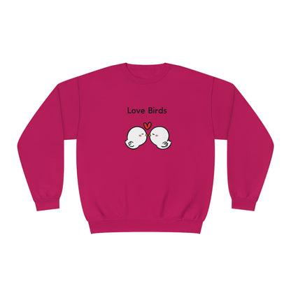 Printify cute sweatshirts with sayings featuring pink sweatshirt with Love Birds cartoon design