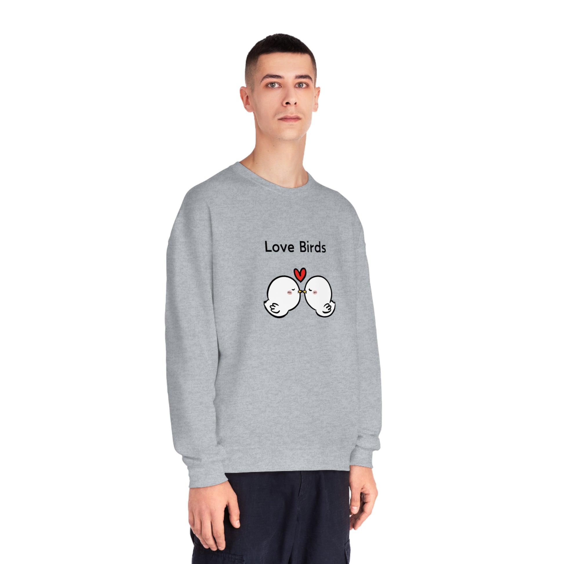 Printify gray sweatshirt with Love Birds design featuring cute sweatshirts with sayings for casual wear