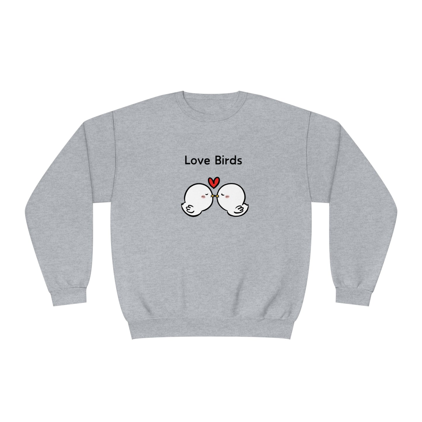 Gray sweatshirt from Printify with cute birds and Love Birds saying cute sweatshirts with sayings