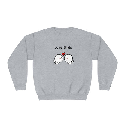 Gray sweatshirt from Printify with cute birds and Love Birds saying cute sweatshirts with sayings
