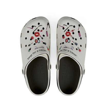white cute clogs for women with makeup and beauty icons design