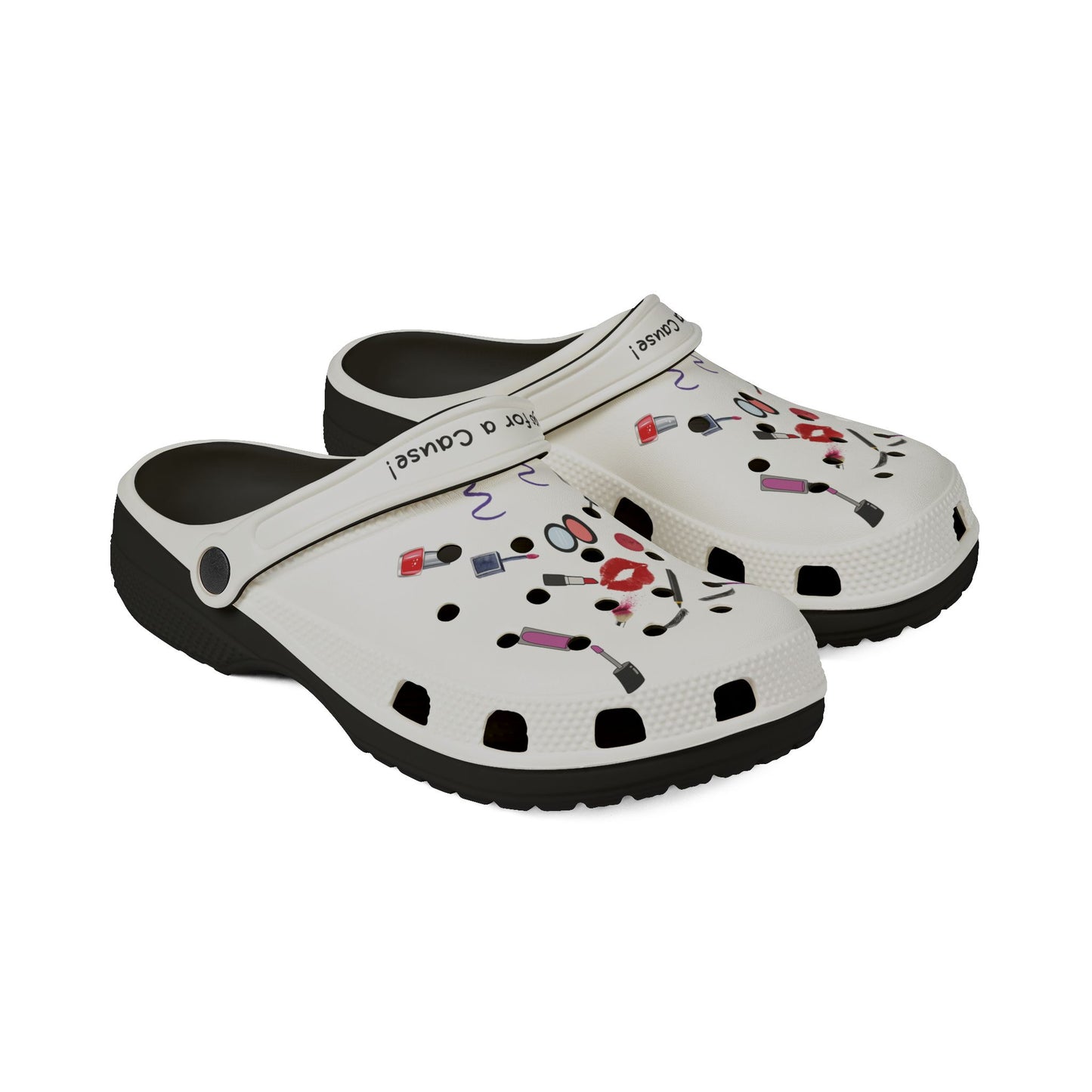 white cute clogs for women with colorful makeup design and black soles