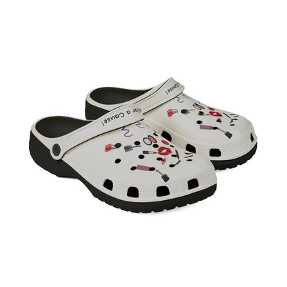 white cute clogs for women with colorful makeup design and black soles