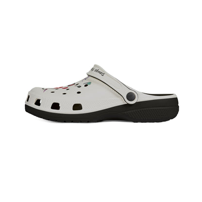 cute clogs for women in white with black sole and colorful floral design