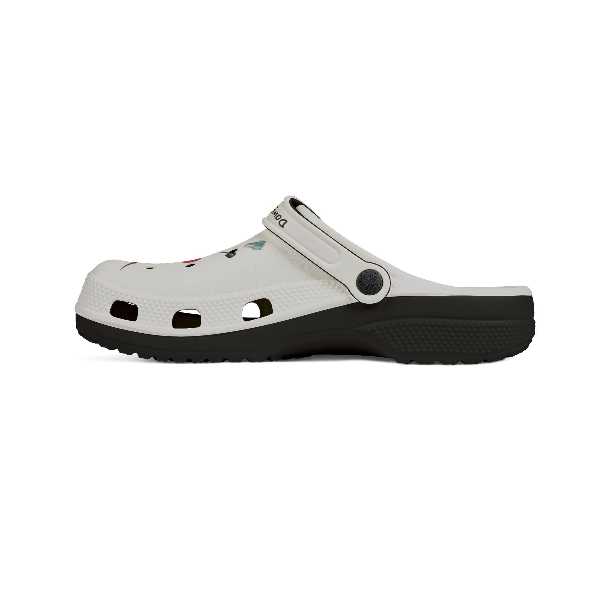 White and black cute clogs for women with ventilation holes and adjustable strap by Printify