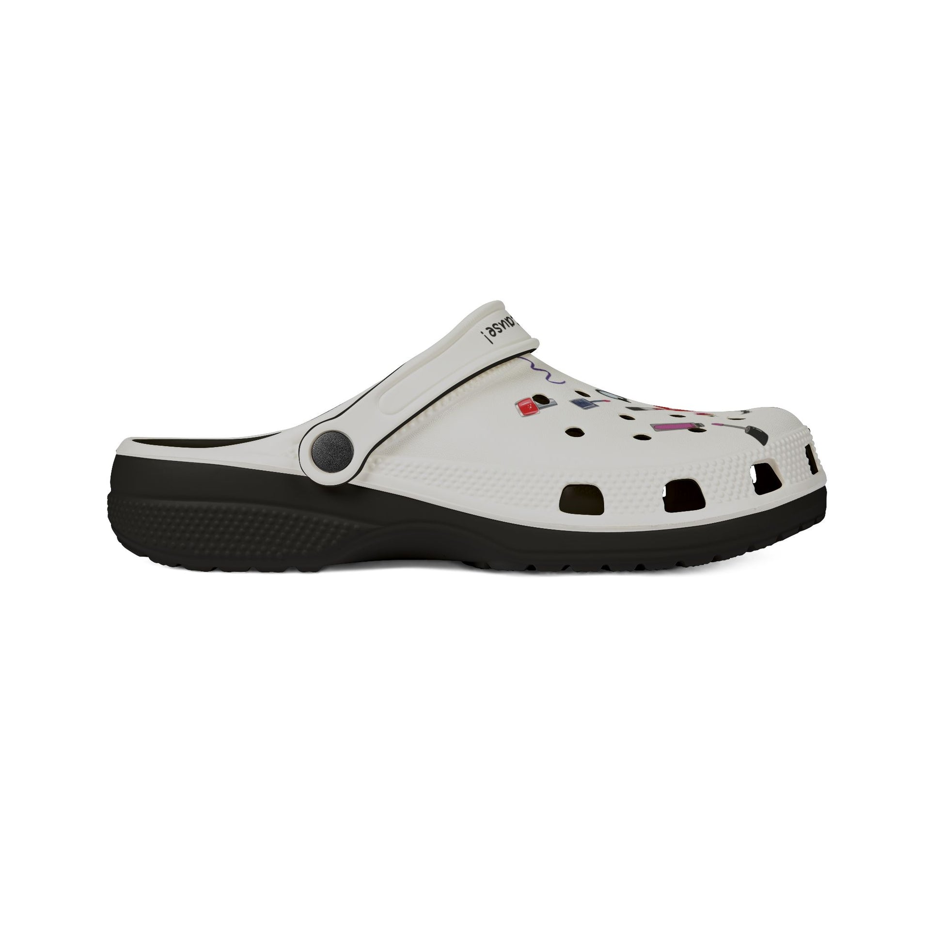 white and black cute clogs for women with ventilation holes and adjustable strap