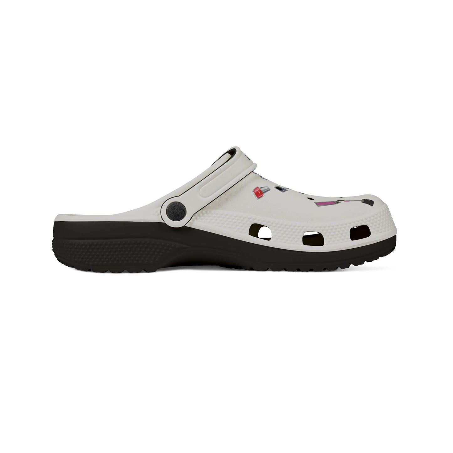 white and black cute clogs for women with decorative holes and adjustable heel strap