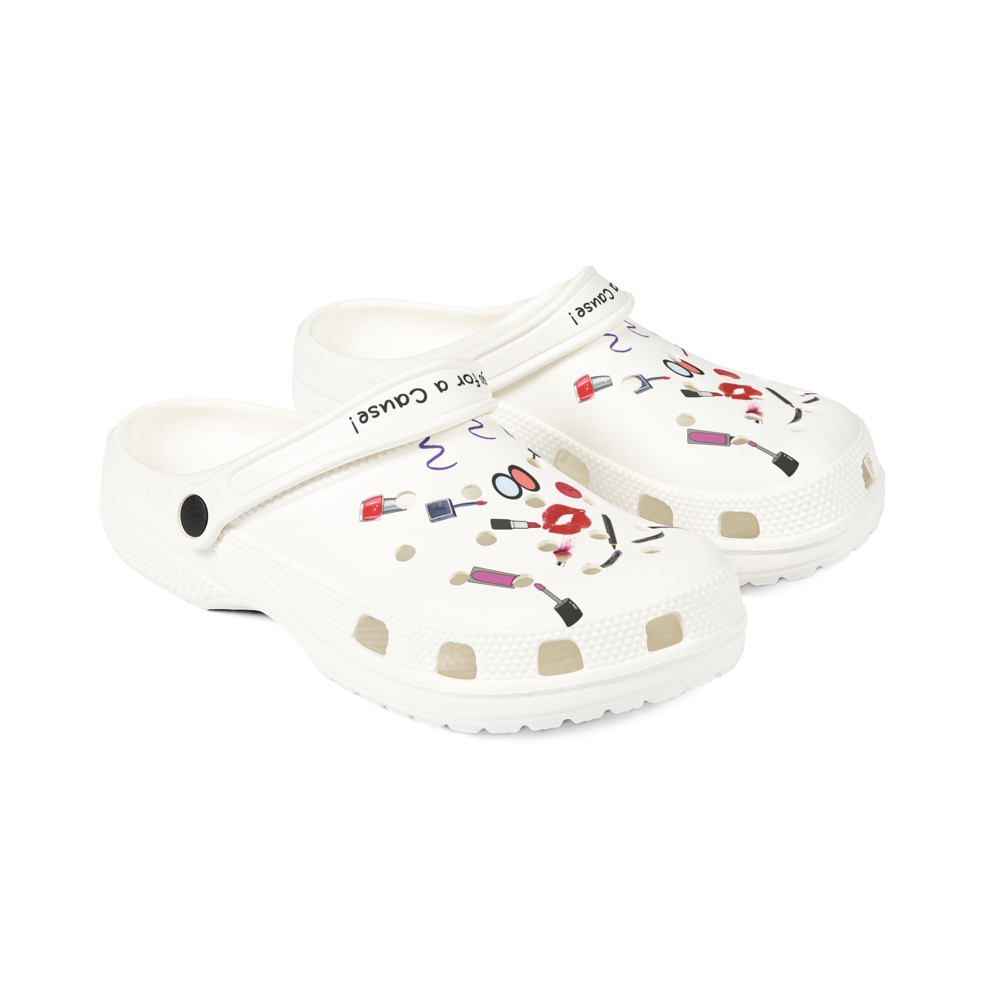 white cute clogs for women with colorful makeup-themed decorations and adjustable strap