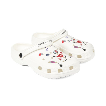 white cute clogs for women with colorful makeup-themed decorations and adjustable strap