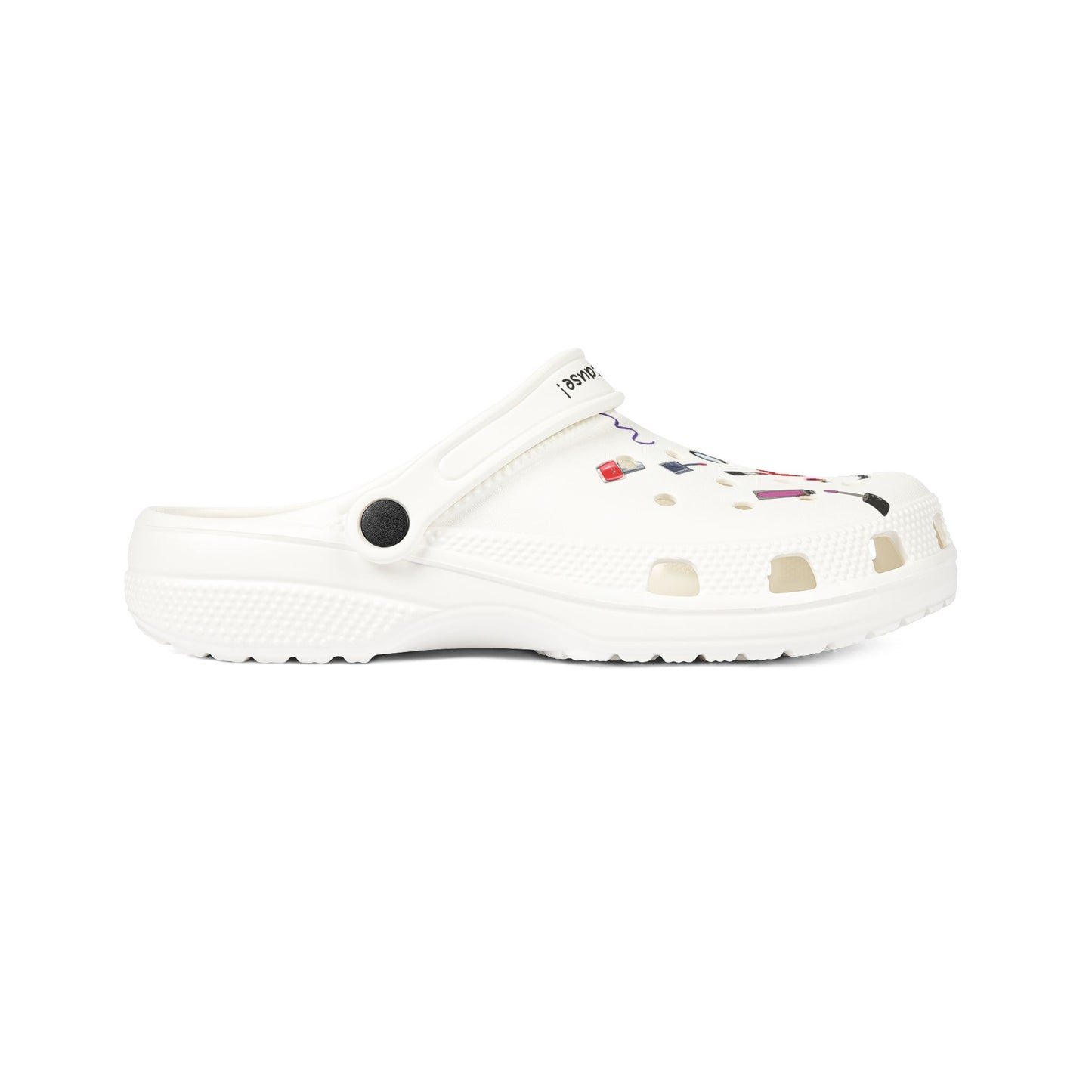 White cute clogs for women with colorful decorative designs and adjustable strap