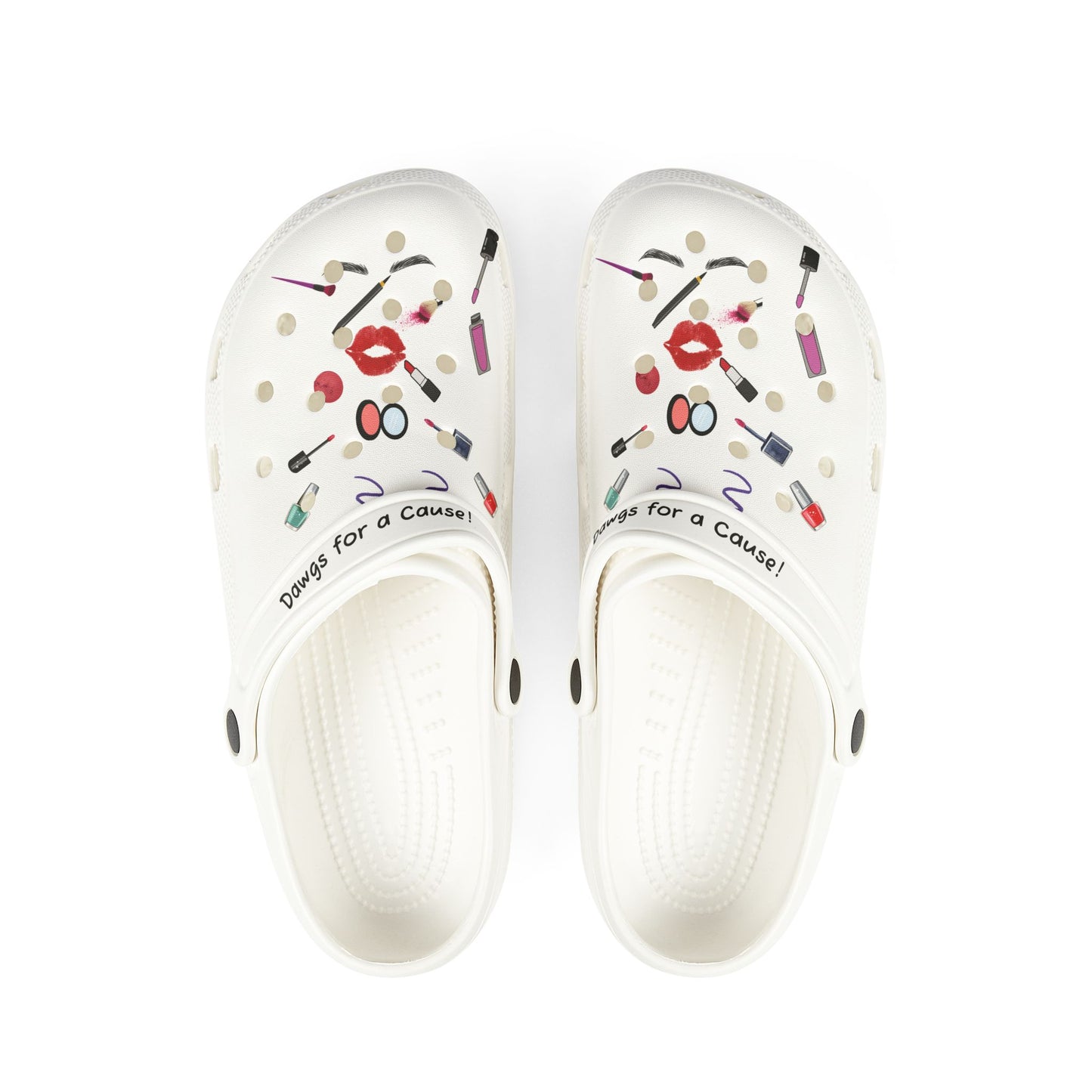 white cute clogs for women with makeup and beauty tool designs