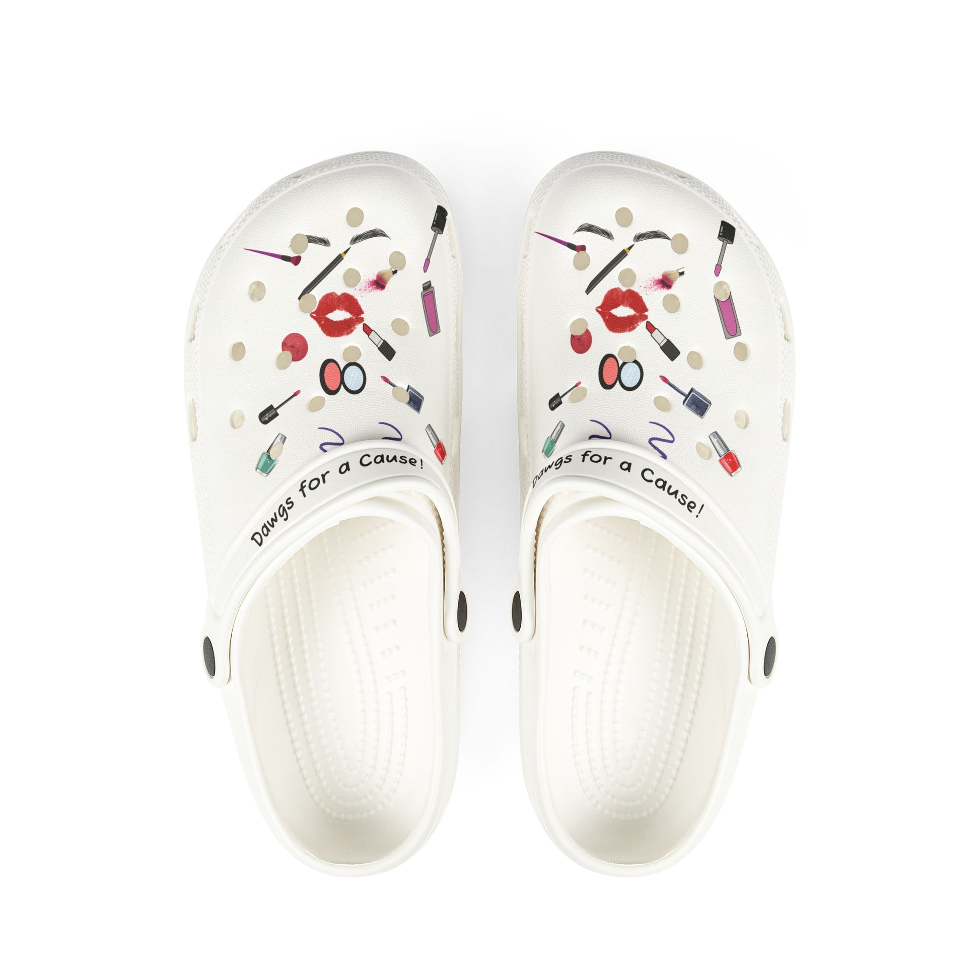 white cute clogs for women with makeup and beauty tool designs