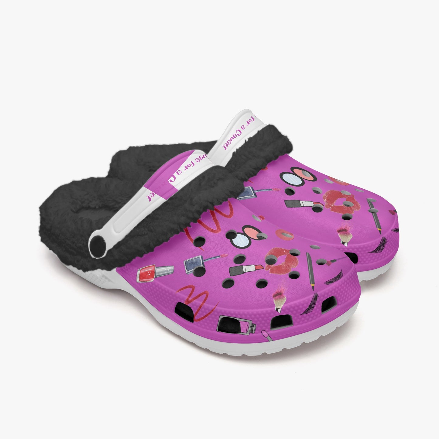 Pink slides with black fuzzy lining featuring makeup print design fuzzy clogs for women