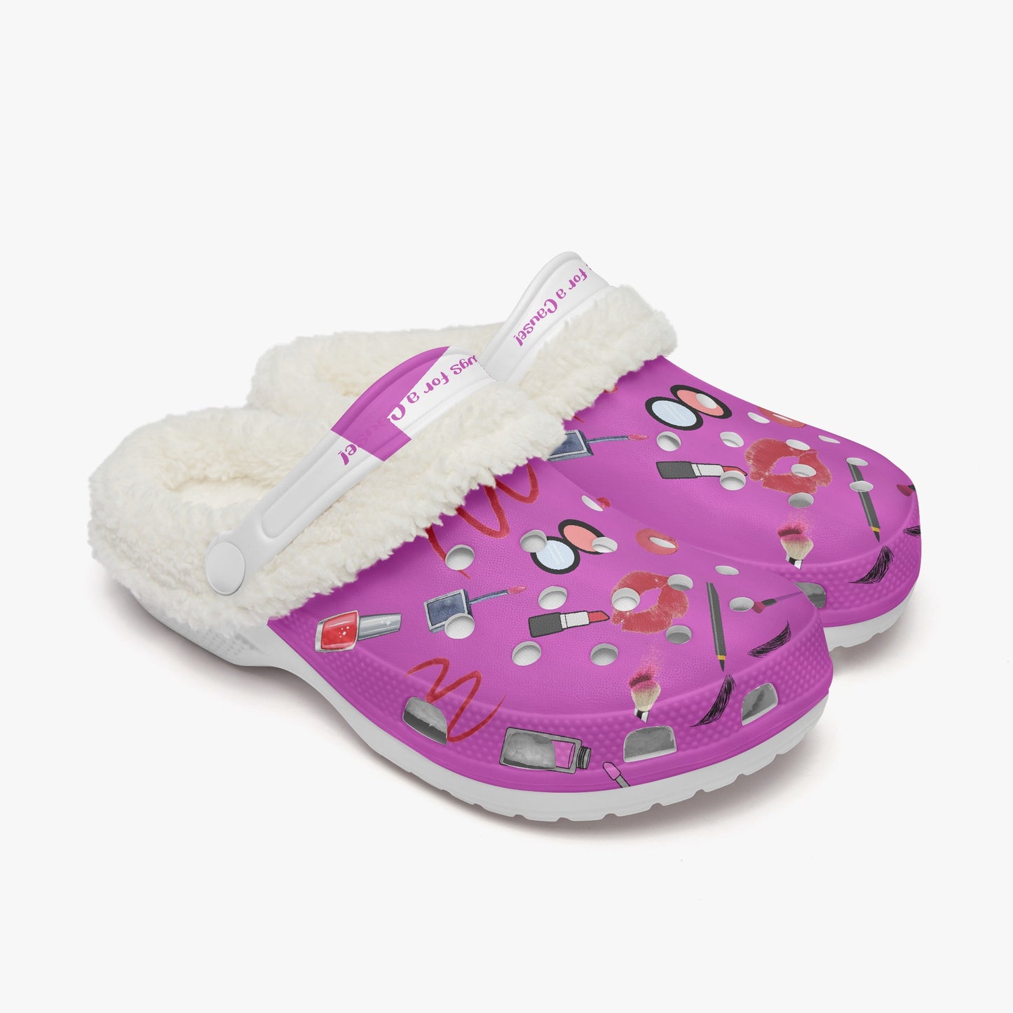 Purple fuzzy clogs for women with white fleece lining and makeup-themed print slides