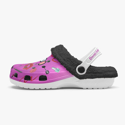 Pink fuzzy clogs for women slides with black plush lining and decorative makeup charms