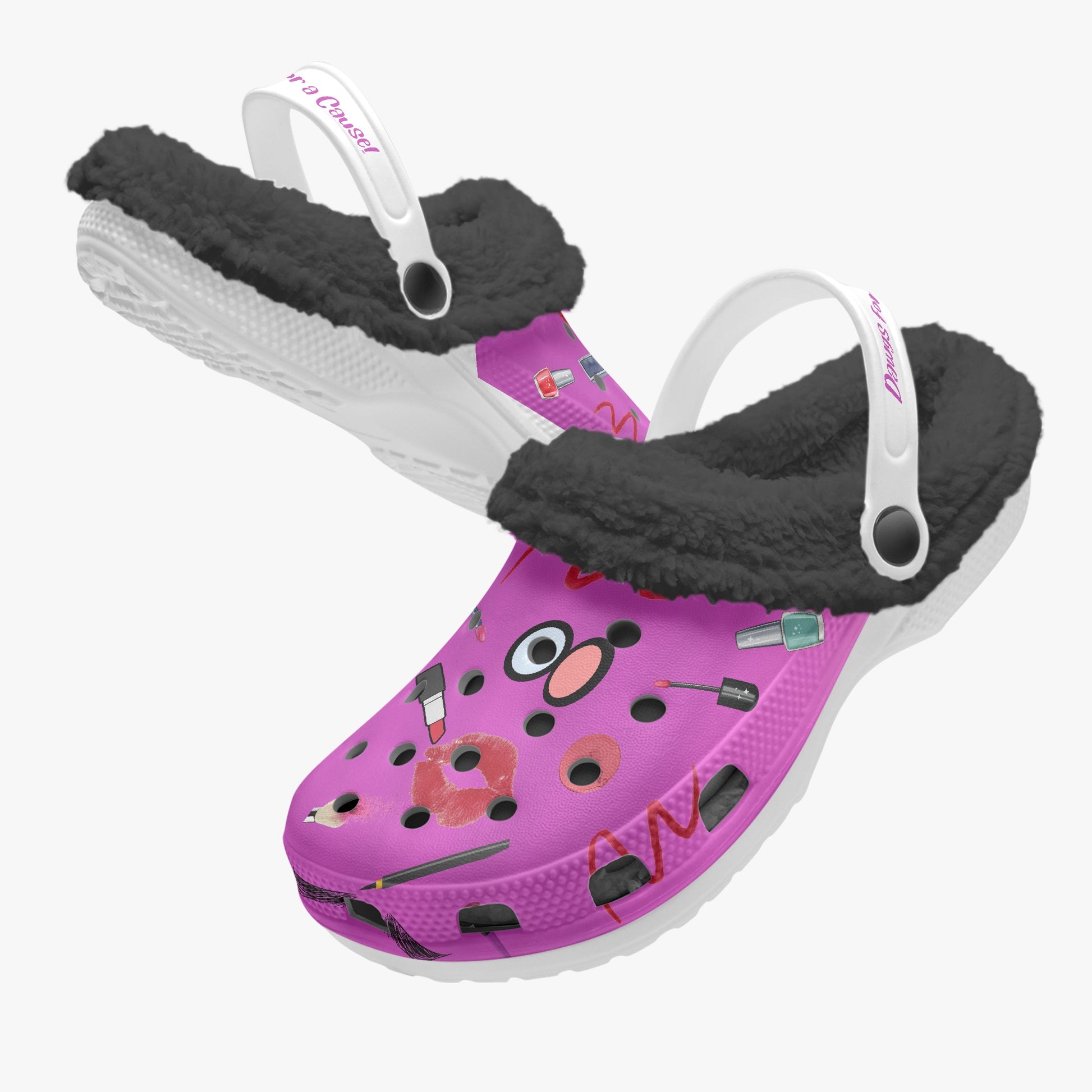 Purple fuzzy clogs for women with black plush lining and beauty-themed print slides
