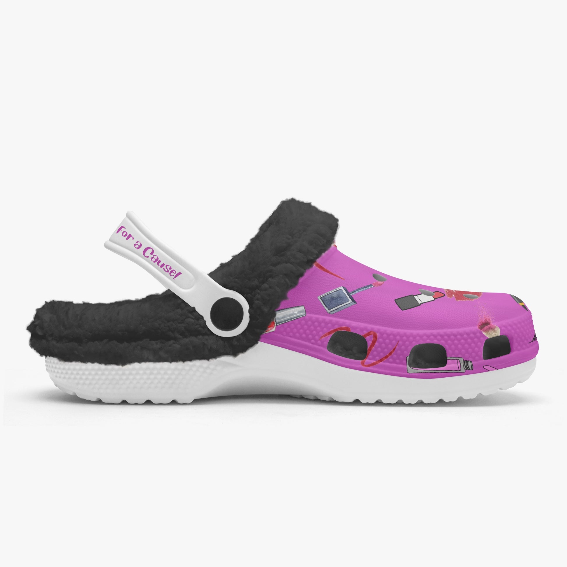 Pink slides with makeup print and black fuzzy lining fuzzy clogs for women comfortable and stylish
