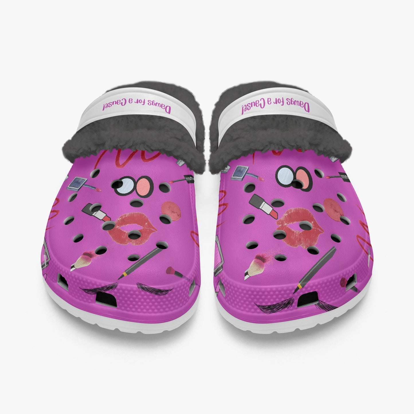 Pink fuzzy clogs for women with makeup print and black plush lining slides