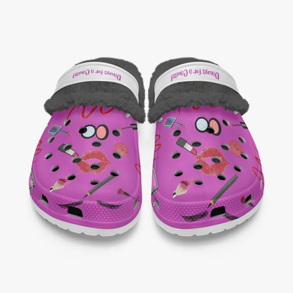 Pink fuzzy clogs for women with makeup print and black plush lining slides