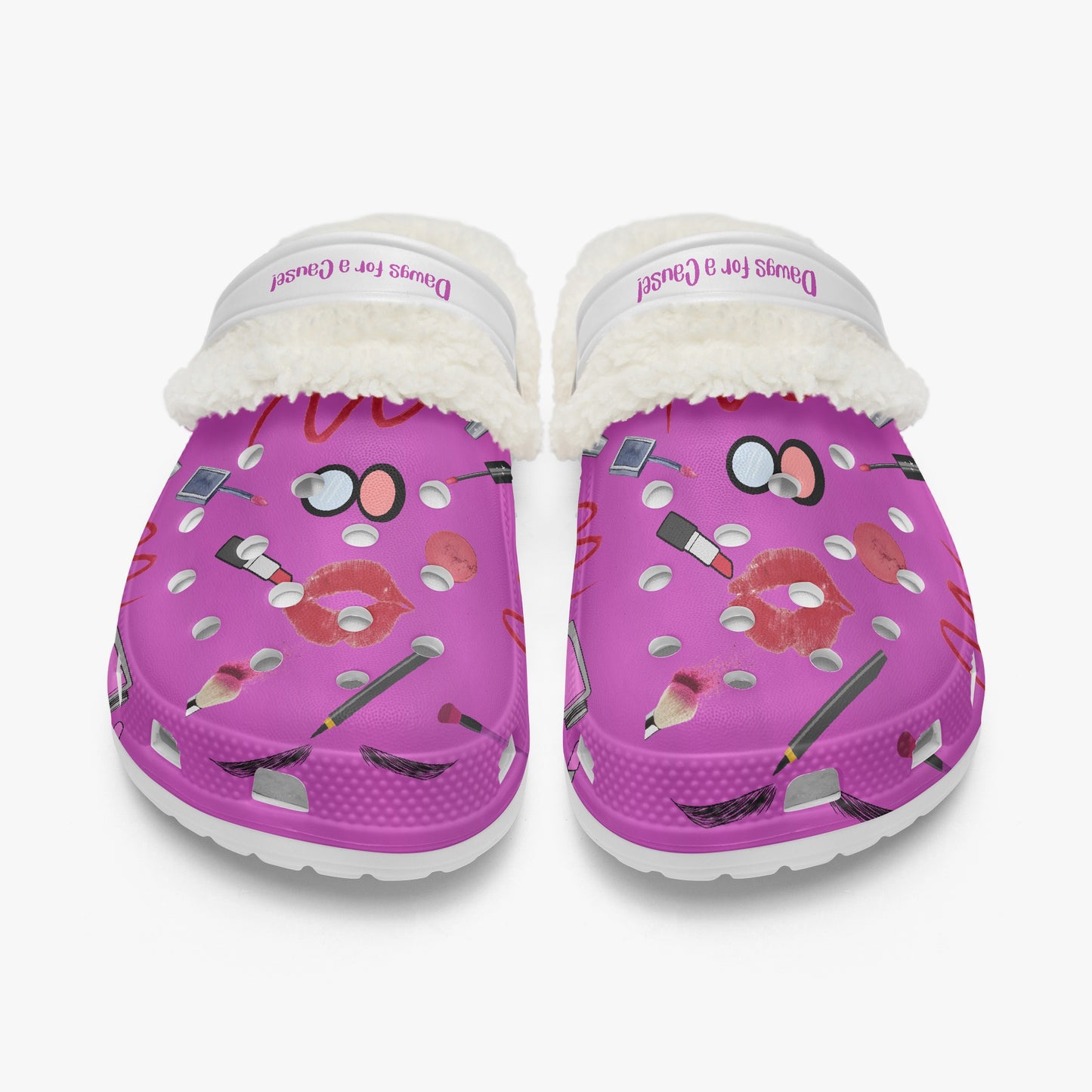Purple fuzzy clogs for women with makeup print and white fluffy lining slides