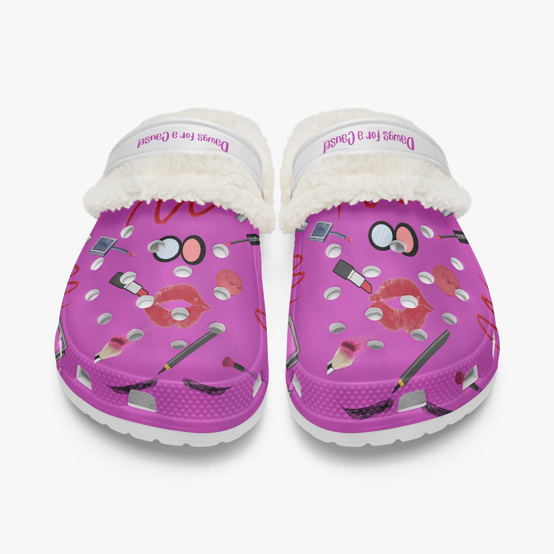 Purple fuzzy clogs for women with makeup print and white fluffy lining slides